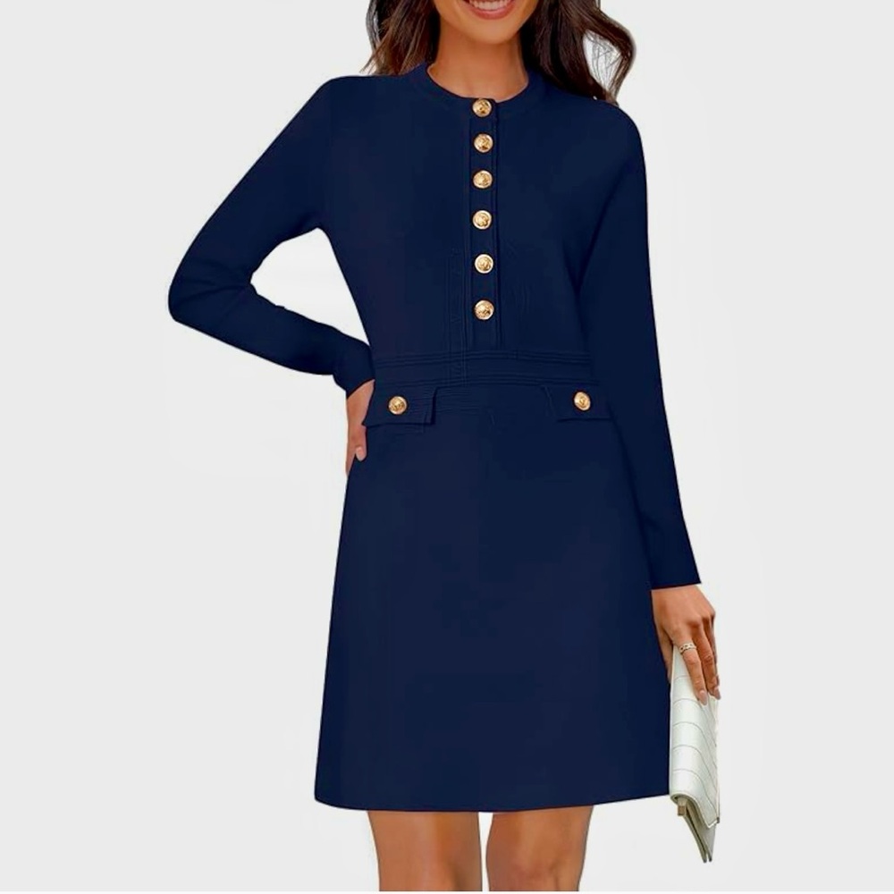 Navy Blue Crew-Neck Long-Sleeve Gold Button Dress